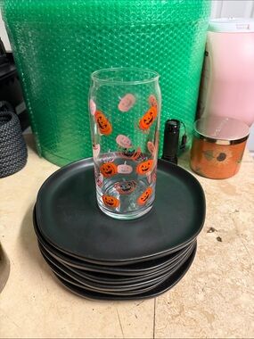 Clear Pumpkin Print Glass Tumbler - Orange & Pink